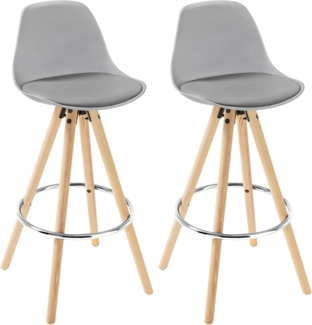 2er-Set Barstuhl aus Kunstleder Holzgestell mit Lehne & Fußstütze grau