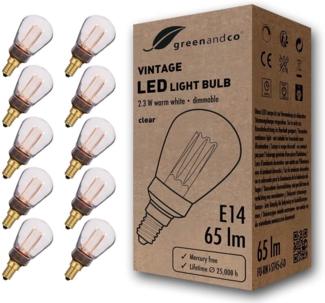 greenandco 10x LED Vintage Glühbirne zur Stimmungsbeleuchtung | dimmbar | E14 ST45 | klar | 2,3W 65lm | 1800K extra warmweiß | 320° | 230V | flimmerfrei | Edison Glühbirne