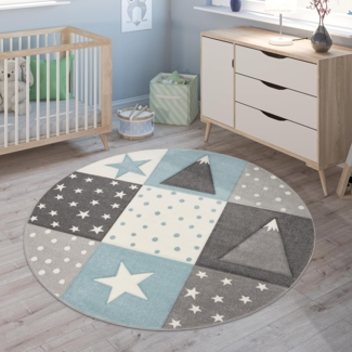 Paco Home Kinderteppich Cosmo 340, rund, Höhe: 17 mm, Kurzflor, Pastell-Farben, 3D Effekt, Motiv Berge, Punkte & Sterne