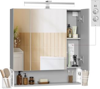 Vasagle Spiegelschrank mit Steckdosen und Haartrockner-Halter, MDF, 16,5 x 70 x 75 cm, Wolkenweiß-Taubengrau