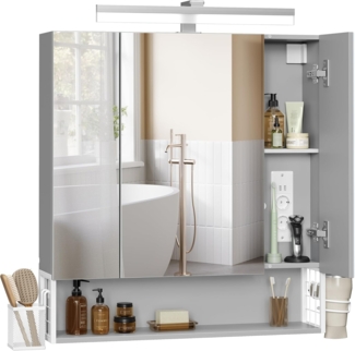 Vasagle Spiegelschrank mit Steckdosen und Haartrockner-Halter, MDF, 16,5 x 70 x 75 cm, Wolkenweiß-Taubengrau