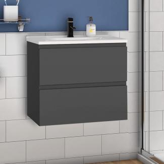 Waschtisch mit Unterschrank 60 cm Badmöbel Set mit Waschbecken Keramik dünn Gäste WC Anthrazit Matt