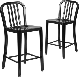 Flash Furniture Barhocker mit Rückenlehne – Metall-Barstuhl für Innen- und Außenbereich – Tresenstuhl ideal für die gewerbliche Nutzung – 2er Set – Schwarz