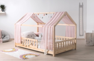 Ticaa Hausbett Kim mit Rausfallschutz aus Kiefer, Kinderbett 140x200, inkl. Tüll-Set, mit Rollrost, mit Matratze