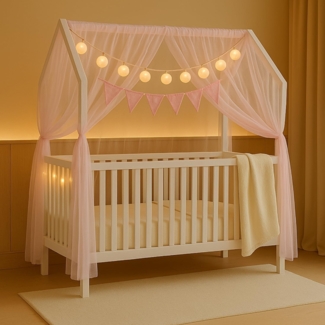 Alavya Home® Komplettbett ELLA 60x120 cm SET mit Deko & Lichterkette aus Massivholz Kiefer Weiß, Höhenverstellbar im Hausdesign mit Schlupfsprossen optionaler Matratze