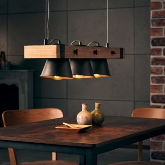 Lightbox Hängelampe 3 flammig Pendelleuchte für Esstische Köpfe schwenkbar 70cm Breite in der Höhe kürzbar 3x E27 Metall/Holz, schwarz stahl/holz