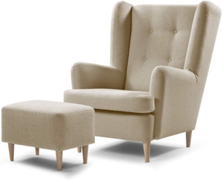 Traumnacht bequemer und moderner Ohrensessel Vincent + Fusshocker, beige