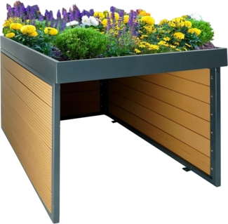 XL Mähroboter-Garage mit Pflanzkasten HWC-L45, Dach Unterstand für Rasenmäher, WPC Metall 47x70x94cm ~ Eiche-Optik