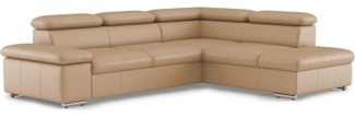 CAVADORE Leder-Schlafsofa Valerie mit Ottomane / Eckcouch mit Schlaffunktion + Kopfteilverstellung / 272 x 73 x 226 / Echtleder Beige