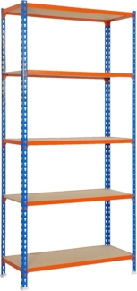 SimonRack Schwerlastregal, Lagerregal, 200 x 100 x 40 cm, Metallregal, Kellerregal, Biegestelle 150 kg, 5 Holzfachböden, Blau/Orange/Holz - Maderclick