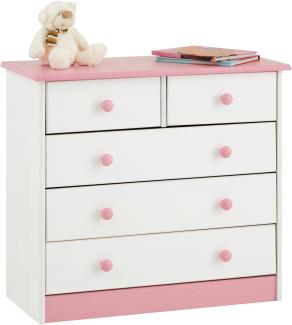 IDIMEX Kommode Rondo, schöne Anrichte mit 5 Schubladen, praktisches Sideboard aus massiver Kiefer in weiß/rosa, Zeitlose Schubladenkommode mit Holzgriffe