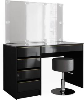 Vicco Schminktisch Sherry Schwarz Hochglanz Gold 120 x 75 cm 5 Schubladen Spiegel Hocker LED