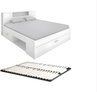 Vente-unique - Bett mit Kopfteil, Stauraum & Schubladen + Lattenrost - 160 x 200 cm - Weiß - LEANDRE