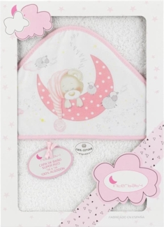 Interbaby 01225-12 Baby Kapuzenbadetuch BEAR SLEEPING weiss e rosa, Rosa