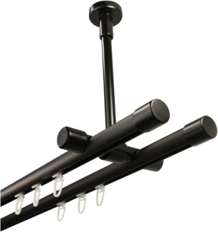 iso-design Gardinenstange Innenlauf 2-läufig schwarz Deckenmontage Endstücke Kappe, Ø 20 mm, 2-läufig, Fixmaß, mit Bohren, geschraubt, Metall, Deckenabstand durch Kürzung einstellbar zwischen 7 cm und 19 cm