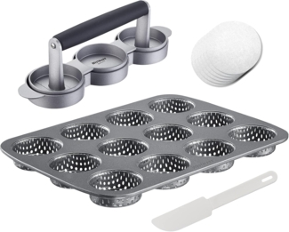 Westmark Burger-Set, 4tlg, Mini Hamburgermaker + Burger Papier (100x) + 12er Burger Brötchen Backform + Schaber/Kuchenlöser, Kunststoff/Stahl/Aluminium/Papier, Anthrazit/Weiß/Silber/Schwarz, 622322E7