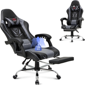 COLAMY Gaming Stuhl, Computer Stuhl mit Fußstütze und Lendenwirbelstütze, höhenverstellbarer Gaming Chair mit 360°-Drehsitz und Kopfstütze, Video Gamer PC Stuhl, Ergonomische hohe Rückenlehne, Grau