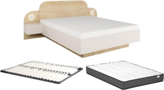 Vente-unique - Bett 160 x 200 cm - Mit Nachttischen und LEDs - Beige und Naturholz + Lattenrost + Matratze - DARTAGNO