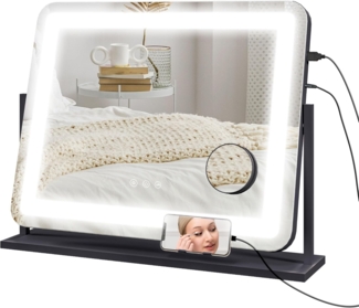 HOMCOM Schminkspiegel Spiegel mit Beleuchtung (Kosmetikspiegel mit LED Licht, 3 Lichtfarben, 1-St, mit USB-Ladeanschluss), Touchschalter, 360° drehbar, Schwarz