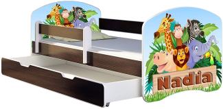 ACMA Kinderbett Jugendbett mit Einer Schublade und Matratze Wenge mit Rausfallschutz Lattenrost II 140x70 160x80 180x80 (02 Animals name, 140x70 + Bettkasten)