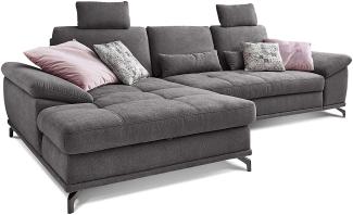 Cavadore L-Form-Sofa Castiel mit Federkern / Großes Schlafsofa in L-Form mit Bettkasten, Sitztiefenverstellung, Kopfstützen und XL-Longchair / 312 x 114 x 173 / Webstoff, Grau