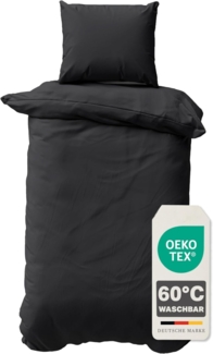 Müskaan - 2 teilig Renforcé Uni Bettwäsche mit Kopfkissen Garnitur, Reißverschluss - für Allergiker geeignet, atmungsaktiv, Schwarz, 155x220 / 80x80 cm, 100% Baumwolle