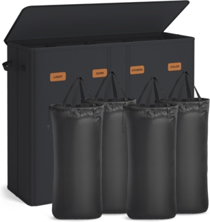 SONGMICS Wäschekorb mit 4 Fächern, 210 L, mit Deckel, 5 Etiketten, herausnehmbarer und waschbarer Innensack, Waschküche Schlafzimmer, tintenschwarz
