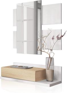 Flur mit Schublade und Spiegel, Eingangsmöbel, Modell Tekkan, Ausführung in Artik White und kanadischer Eiche, Maße: 75 cm (Breite) x 116 cm (Höhe) x 29 cm (Tiefe)