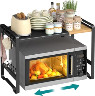 SONGMICS Erweiterbares Mikrowellen-Regal, Mikrowellenständer, 41,5-64 cm verstellbare Breite, Küchenregal für Arbeitsplatte, Stahl und Bambus, 4 Haken, tintenschwarz-naturbeige