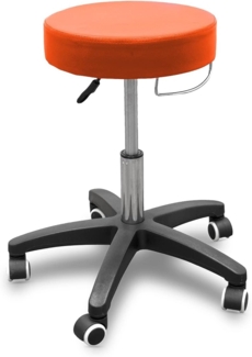 QUIRUMED Hocker mit rollbarem Untergestell und Handtuchhalter, Farbe Orange, Kunstleder, hochdichte Polsterung, leicht, mit Rollen, höhenverstellbar, bis 150 kg