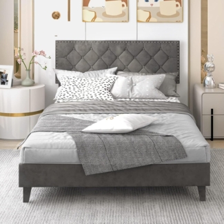 FANTASK Plattformbett mit Lattenrost, Kopfteil & Bettrahmen, Polsterbett, Plattformbett, bis 450 kg belastbar für Erwachsene & Jugendliche, 200x140 cm, Grau