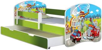 ACMA Kinderbett Jugendbett mit Einer Schublade und Matratze Grün mit Rausfallschutz Lattenrost II 140x70 160x80 180x80 (36 Feuerwehr, 140x70 + Bettkasten)