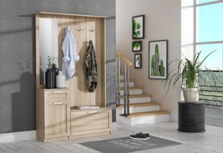 Forte NIKO Garderobe 110, Skandi-Garderobenpaneel, 1-türig, 2 Schubladen, Spiegel, Haken, Flur, Sonoma Eiche Holzdekor, 110,9 cm breit x 181,5 cm hoch x 29,6 cm tief