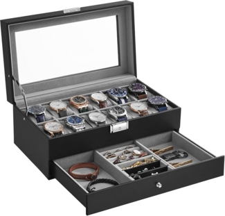 SONGMICS Uhrenbox Uhrenkasten, mit 2 Ebenen, 12 Fächer und 1 Schublade