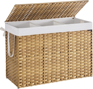 SONGMICS Wäschekorb 3 Fächern, Wäschesammler 200 L, Wäschebox aus synthetischem Rattan, mit Deckel und Griffen, geflochten, faltbar, herausnehmbarer Wäschesack, naturfarben LCBDE320Y01