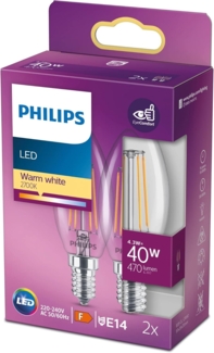 Philips LED classic Lampe E14, Kerzenform, 40 W, warmweiß (2700), 470 Lumen, Glas, 2er Pack, Weiß