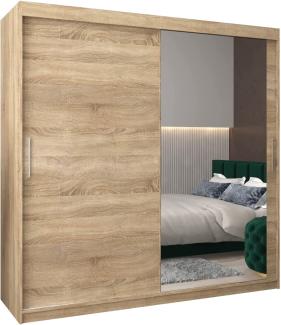 Kryspol Schwebetürenschrank Tokyo 2-200 cm mit Spiegel Kleiderschrank mit Kleiderstange und Einlegeboden Schlafzimmer- Wohnzimmerschrank Schiebetüren Modern Design (Sonoma)