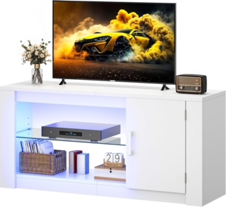 YITAHOME TV Schrank, TV Lowboard LED Weiß - Fernsehschrank Fernsehtisch mit RGB-LED-Leuchten Lowboard und Glasregal Fächern für 43 Zoll & kleinere TVs,für Wohnzimmer Schlafzimmer, B106 x H50 x T35 cm