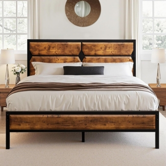 VECELO Bettgestell 140x200 cm, Metallbett mit Dick Holzkopfteil und Lattenrost, Doppelbett mit Stauraum unter dem Bett, perfekt für Schlafzimmer,Vintage Braun