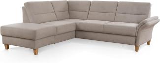 CAVADORE Eckcouch Wyk mit Federkern / Ecksofa im Landhaus-Stil mit Ottomane und Holzfüßen / 238 x 90 x 213 / Jacquard, Beige