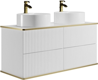 Vente-unique - Waschbeckenunterschrank hängend mit rundem Doppelaufsatzwaschbecken - Streifenoptik - Goldfarbene Umrandung - Weiß - 120 cm - KELIZA