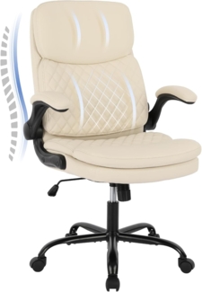 COLAMY Bürostuhl Ergonomisch, Schreibtischstuhl mit Hoher Rückenlehne, Exekutive Computerstuhl mit Verstellbaren Armlehnen, Höhenverstellbar und Neigbar Drehstuhl mit dicker Lederpolsterung, Elfenbein