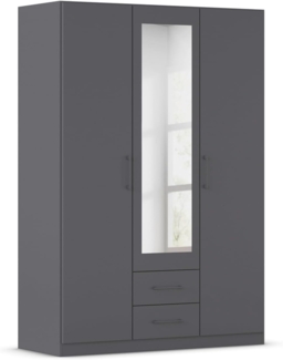 Rauch Möbel Belfast Kleiderschrank, Schrank, Garderobe, Organizer, 3-türig, mit Spiegel, 2 Schubladen für mehr Stauraum, Farbe Grau metallic, Schwarz, Stangengriff Grau metallic, 136 x 197 x 54 cm