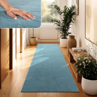 Paco Home Waschbarer Teppich Wohnzimmer Schlafzimmer Kurzflor rutschfest Flauschig Weich Moderne Einfarbige Muster, Grösse:80x300 cm, Farbe:Türkis