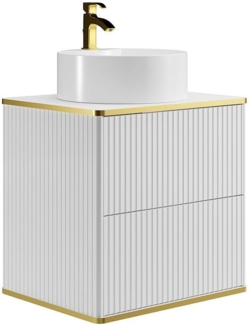 Vente-unique - Waschbeckenunterschrank hängend mit rundem Aufsatzwaschbecken - Streifenoptik - Goldfarbene Umrandung - Weiß - 60 cm - KELIZA