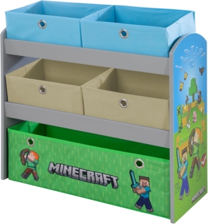 Phoenix Minecraft Spieleregal, Bücherregal, Stauraumregal mit 5 Stoffboxen, Kindermöbel mit Buntem Design