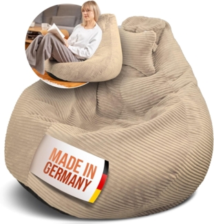 LazyCloud Sitzsack für Erwachsene mit integrierter [Nackenstütze] Cord | XXL Indoor Bean Bag mit Füllung | perfekt als Chill-, Lese- oder Gaming Sessel (90 x 80 x 70 cm) (Sandbeige)
