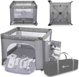 Lionelo Sofie Laufstall Laufstall Baby Baby Bett Reisebett Baby ab Geburt bis 15 kg Seiteneingang Lockguard System und Blockade der Räder Tragetasche zusammenklappbar (Grau)