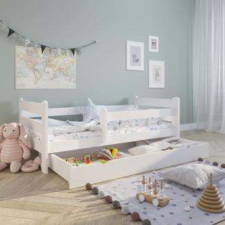 Kinderbett 80x160 cm mit Rausfallschutz Voll-Holz inkl. Matratze Lattenrost & Schublade in wei Kiefer 160 x 80 Mdchen Jungen Bett Skandi