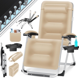 KESSER® Sonnenliege Liegestuhl, klappbare Gartenliege extra breit & Wetterfest, Belastbar 200kg, Ergonomisches Polster, verstellbare Rückenlehne inkl. Nackenkissen, Getränkehalter & Armpolster Beige, Liege (Basic)